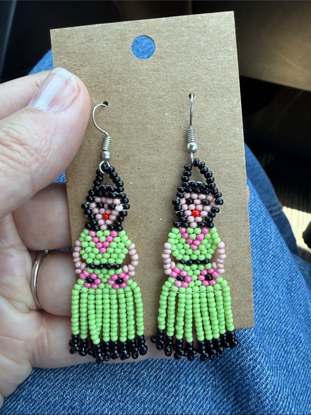 Handmade Green Beaded Fringe Doll Earrings - Women Jewelry
